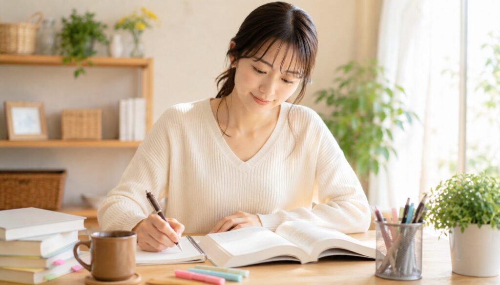 自宅で資格の勉強に集中する女性