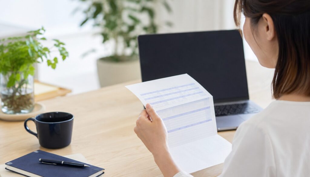家計簿と給与明細を見ながら生活費を整える女性