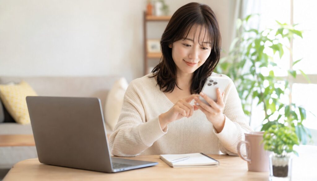 スマホでふるさと納税を申し込む女性