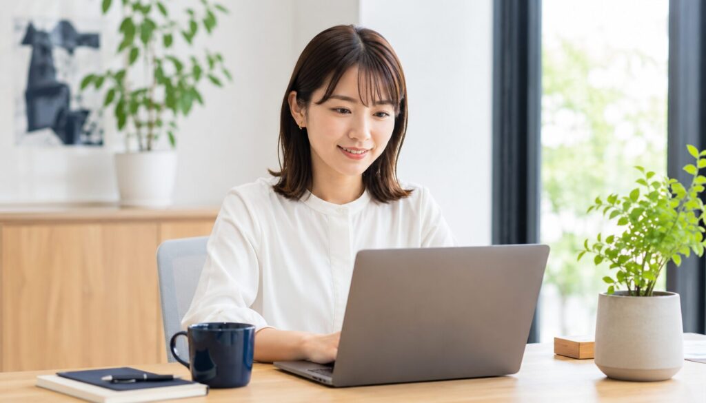 前向きにパソコンへ向かう女性
