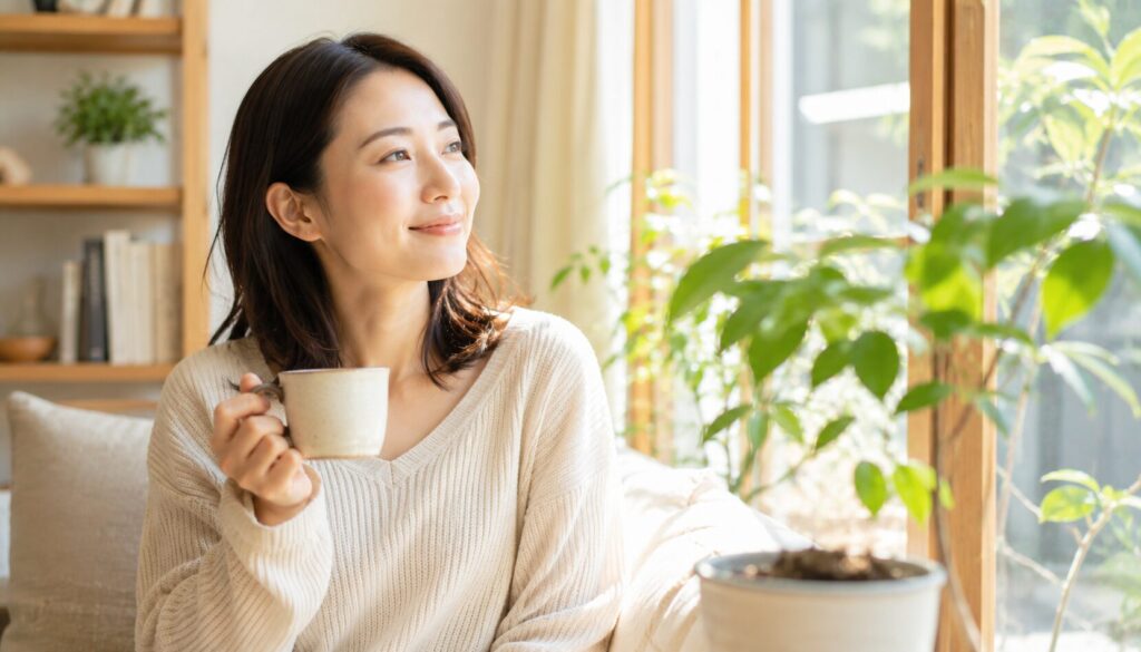 コーヒーを片手にゆったり過ごす女性